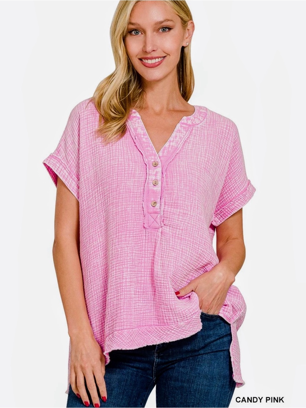Zenana Gauze Henley Top in various colors and sizes. NWT.